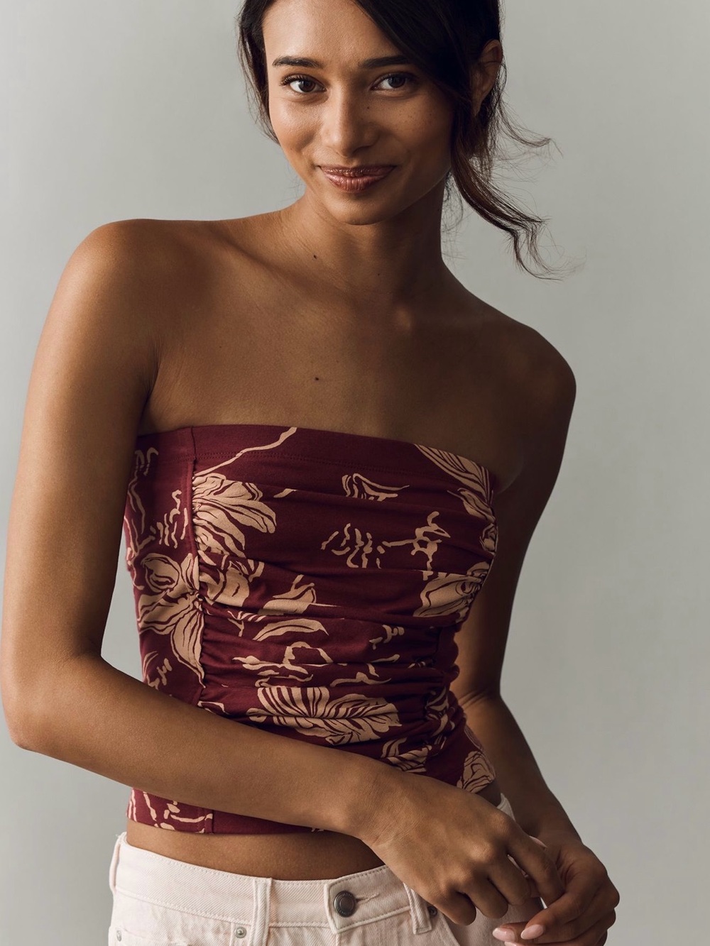 Pilcro Strapless Ruched Floral Tube Top in Burgundy Cream